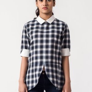 Navy Blue Plaid Elegant Asymmetrical Blouse