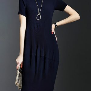 Navy Blue Plain Short Sleeve Polyester Sheath Midi Dress