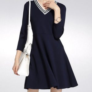 Navy Blue Plain V Neck A-line 3/4 Sleeve Mini Dress