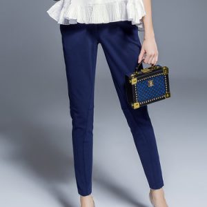 Navy Blue Plain Work Polyester Buttoned Skinny Leg Pants