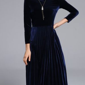 Navy Blue Pleated Long Sleeve Solid Velvet A-line Midi Dress