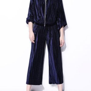 Navy Blue Pleated Long Sleeve Two Piece Suits And Separate