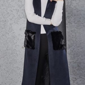 Navy Blue Pockets Grommet Casual Fur And Shearling Coat