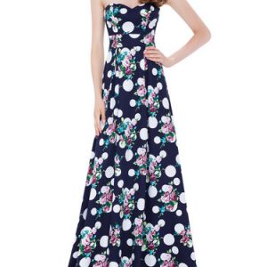 Navy Blue Polka Dots Strapless Floral-print Evening Dress