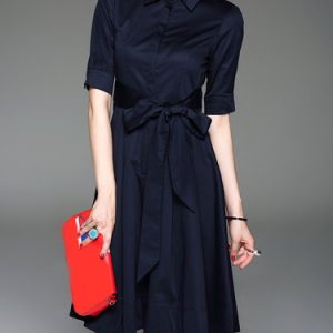 Navy Blue Polyester Casual Shirt Dress