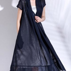 Navy Blue Polyester Plain Short Sleeve Midi Dress