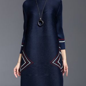 Navy Blue Printed Casual A-line Midi Dress