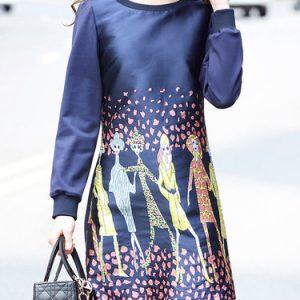 Navy Blue Printed Casual Jacquard Mini Dress