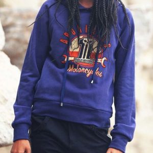 Navy Blue Printed H-line Cotton-blend Raglan Sleeve Hoodie