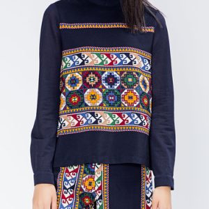 Navy Blue Printed Vintage Tribal Crew Neck Long Sleeved Top