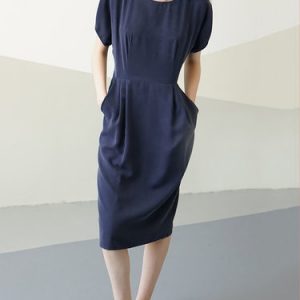 Navy Blue Sheath Tencel Simple Pockets Midi Dress