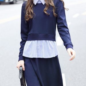 Navy Blue Shirt Collar Casual Color-block Mini Dress