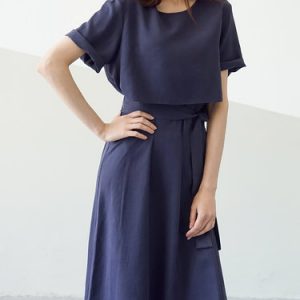 Navy Blue Short Sleeve A-line Rayon Midi Dress with Belt