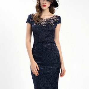 Navy Blue Short Sleeve Embroidered Floral Midi Dress