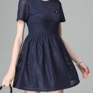 Navy Blue Short Sleeve Ribbed Mesh A-line Mini Dress