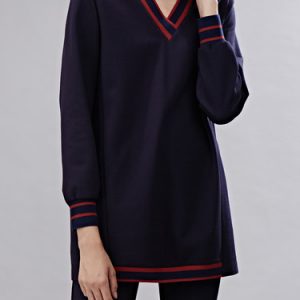 Navy Blue Stripes V Neck Paneled Long Sleeve Top