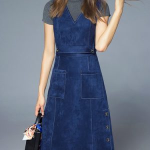 Navy Blue Two Piece V Neck Sleeveless Plain Midi Dress