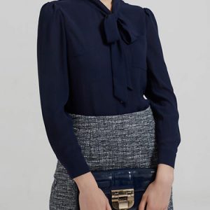 Navy Blue V Neck Long Sleeve Bow Blouse