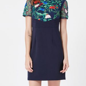 Navy Blue Vintage Floral-embroidered Sheath Crew Neck Mini Dress