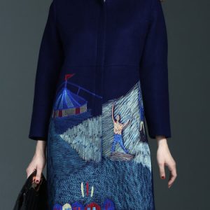 Navy Blue Wool Blend H-line Embroidered Coat