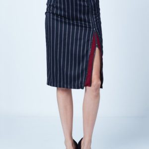 Navy Blue Zipper Slit Elegant Woven Midi Skirt