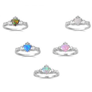 New Fashion Women Crown Hands Heart Simulated Opal Ring 925 Sterling Silver Wedding Engagement Love Jewelry