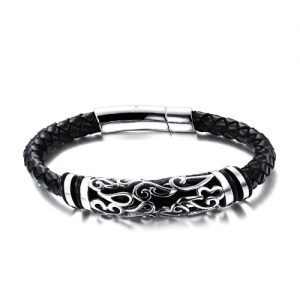 New Unique Men Male Genuine Leather Woven Bracelet Stainless Steel Charm Bangles Rope Bangle Wristband Fashion Jewelry for Party Gift