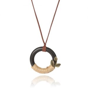 New Vintage Women Necklace Wooden Circle Leaf Pendants Bohemia Long Rope Chain Sweater Necklace Jewelry