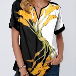 Notch Neck Flower Print Short Sleeve Blouse - M