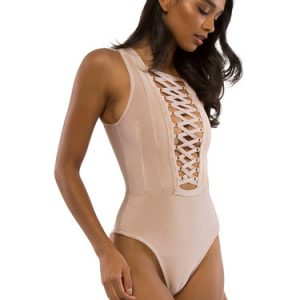 Nude Bodycon Sleeveless Solid Lace Up Bodysuit