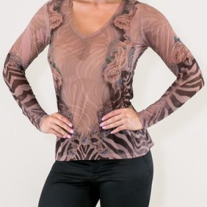 Nude Floral Zebra-print V Neck Long Sleeved Top