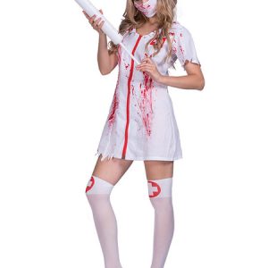 Nurse Halloween Costumes White Blood PrintDress Women Holidays Costumes