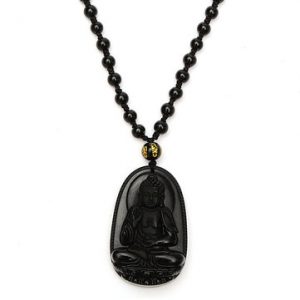 Obsidian Carved Buddha Pendant Necklace