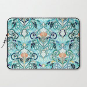 Ocean Aqua Art Nouveau Pattern with Peach Flowers Computer Cover by micklyn - Laptop Sleeve - 15"