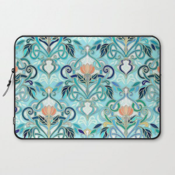 Ocean Aqua Art Nouveau Pattern with Peach Flowers Computer Cover by micklyn - Laptop Sleeve - 15"