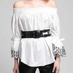 Off Shoulder Cotton Floral-embroidered Casual Frill Sleeve Blouse with Belt