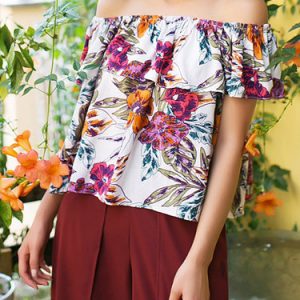 Off Shoulder Sweet Floral-print Short Sleeved Top