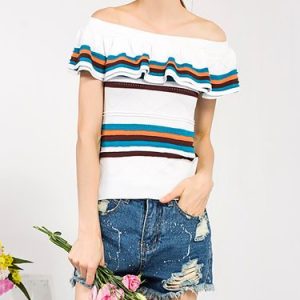 Off-shoulder Knitted Ruffled Short Sleeved Top