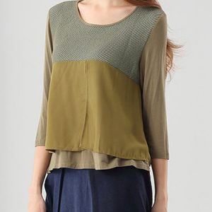 Olive Green Crew Neck Color-block 3/4 Sleeve Blouse