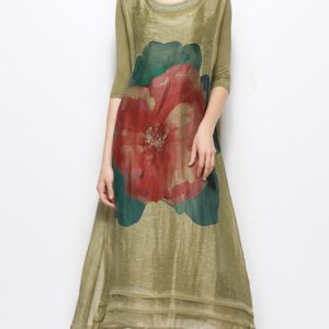 Olive Green Floral Printed Shift Half Sleeve Midi Dress