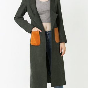 Olive Green Lapel Suede H-line Long Sleeve Coat