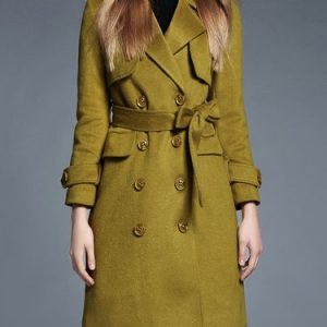 Olive Green Plain Lapel Elegant Shift Trench Coat