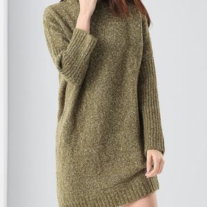 Olive Green Simple Turtleneck Asymmetric Sweater Dress