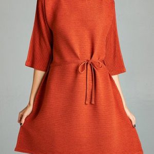 Orange 3/4 Sleeve Polyester Ribbed Mini Dress with Belt