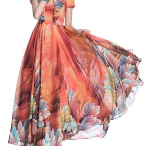 Orange A-line Boho Crew Neck Floral Maxi Dress