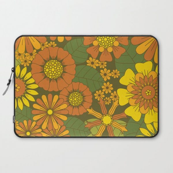 Orange, Brown, Yellow and Green Retro Daisy Pattern Computer Cover by Eyestigmatic Design - Laptop Sleeve - 15"