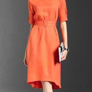 Orange Casual Plain Crew Neck High Low Midi Dress