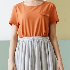 Orange Chiffon Plain Crew Neck Short Sleeve Short Sleeved Top