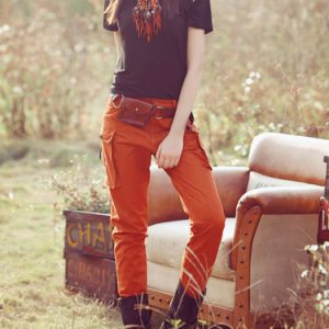 Orange Cotton-blend Embroidery Skinny Leg Pants