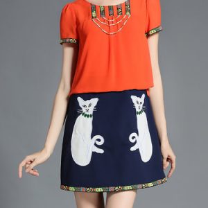 Orange Crew Neck A-line Color-block Cat Pattern Mini Dress